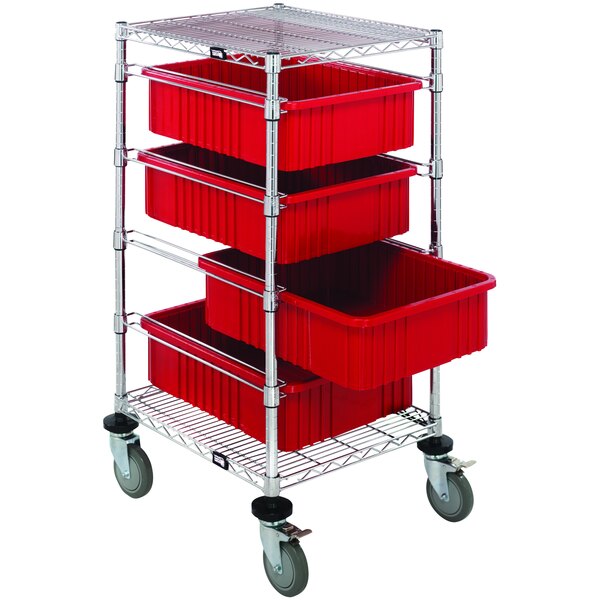 A Quantum red metal mobile cart with 4 red bins.