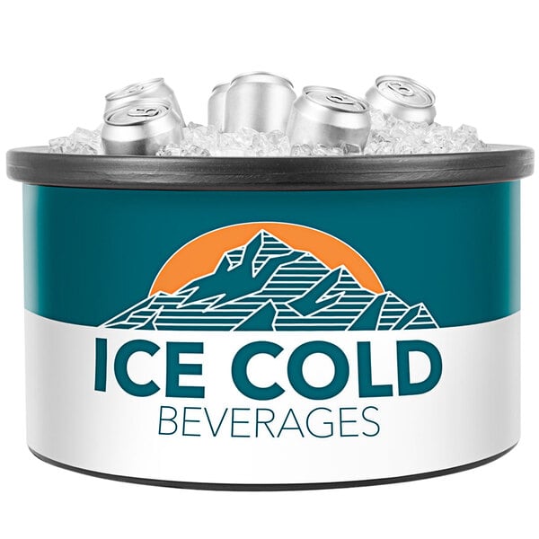 A black IRP round countertop cooler with ice cold beverages in a can.