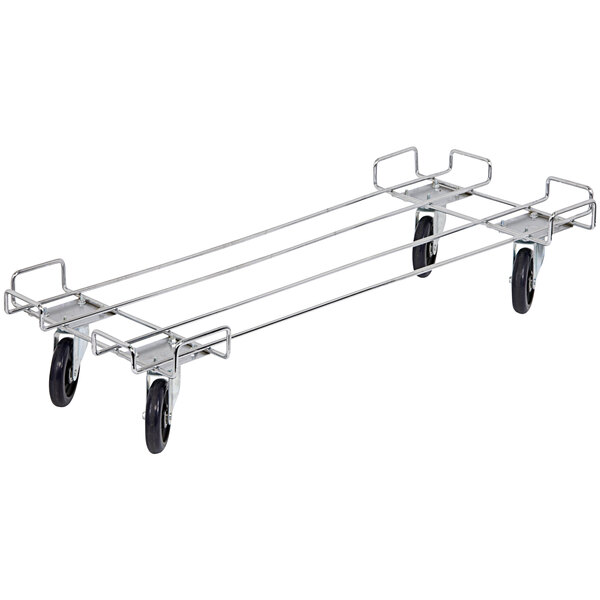 A Quantum dolly base for wire shelving with four black metal wheels.