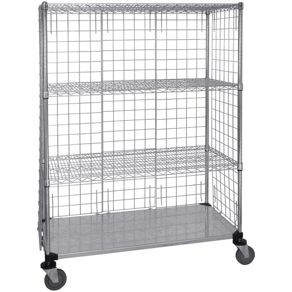 A Quantum mobile wire shelving cart with 3 wire shelves and 1 steel shelf.