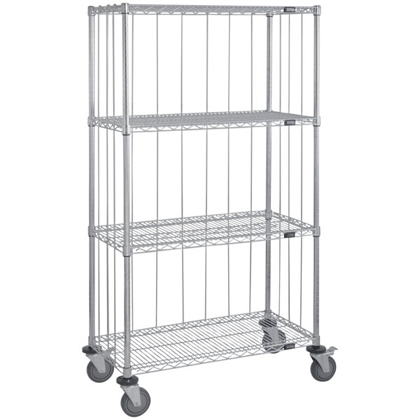 A Quantum metal mobile wire shelving cart with 4 shelves and wheels.