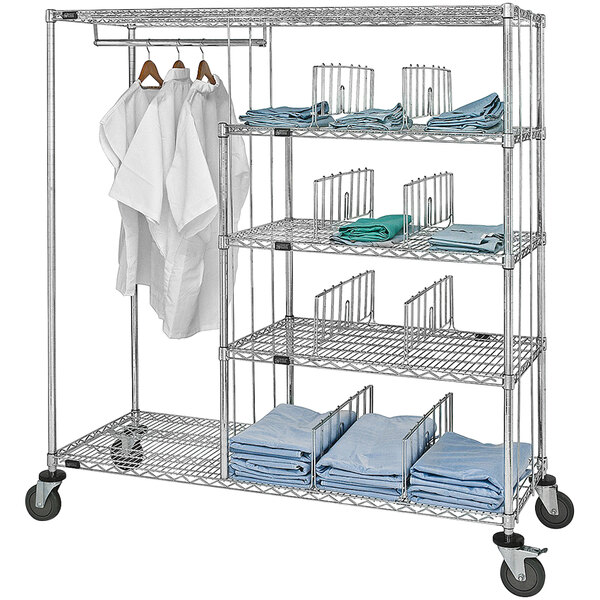 A Quantum chrome wire medical apparel cart with folded white and blue clothes on shelves.