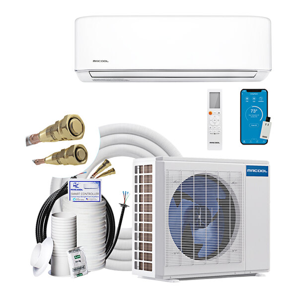 A white MRCOOL ductless mini split system with a blue and white box and accessories.