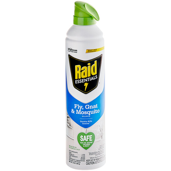 A close up of a SC Johnson Raid Essentials gnat, fly, and mosquito aerosol spray can with a white and blue label and a green lid.