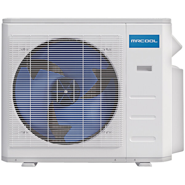 A white MRCOOL DIY Multi-Zone heat pump condenser with blue and black fan.