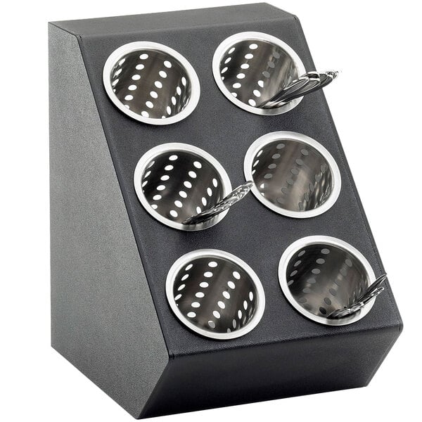 A black metal Cal-Mil container with six holes holding silverware.