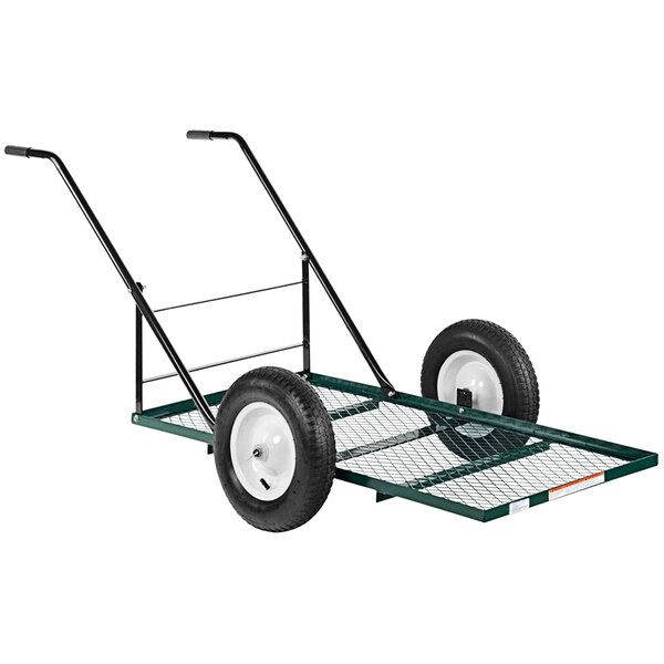 A green and black Vestil low profile tilt landscape cart with wheels.