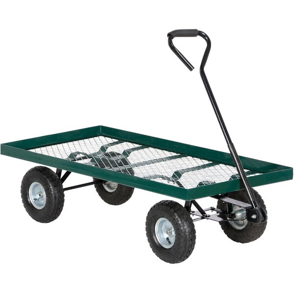 A green metal Vestil landscape cart with black wheels.