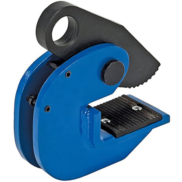 A blue and black Vestil horizontal plate clamp with a black handle.