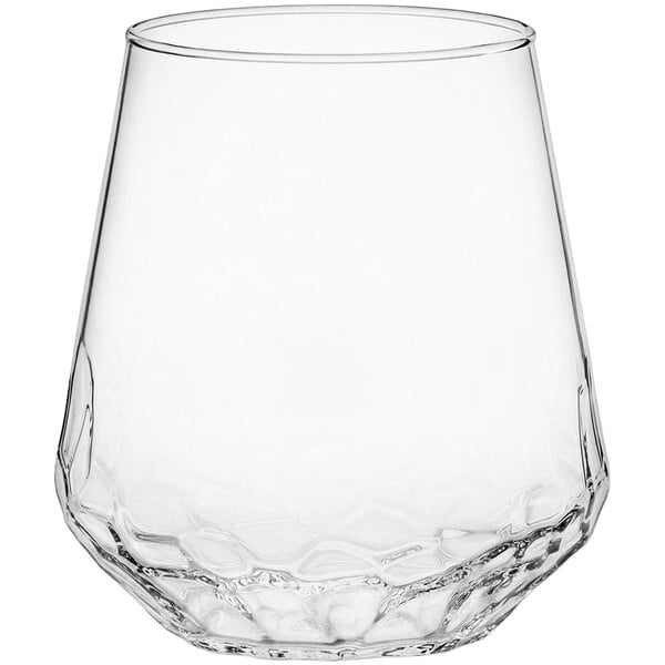 A clear Libbey stemless wine glass with a faceted surface.