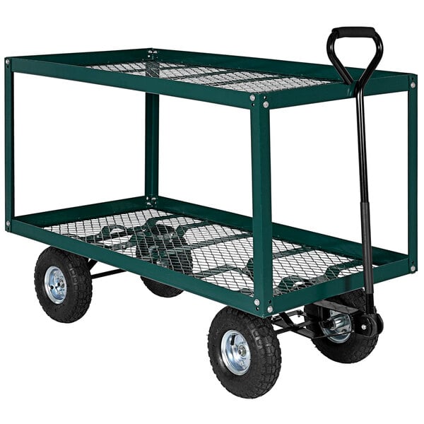 A green steel Vestil landscape cart with black wheels.