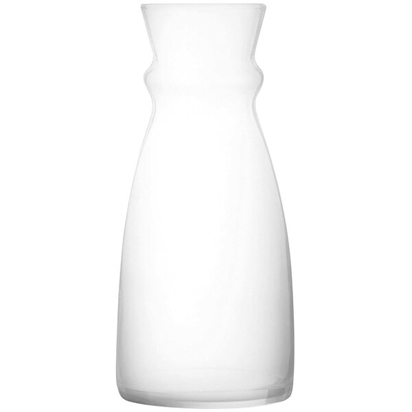 A clear glass carafe with a curved neck on a white background.