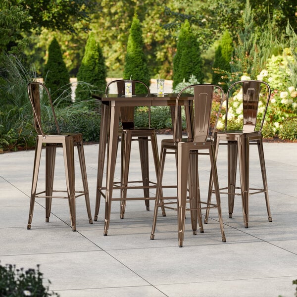 Lancaster Table & Seating Alloy Series 31 1/2" x 31 1/2" Copper Bar Height Outdoor Table with 4 Cafe Barstools