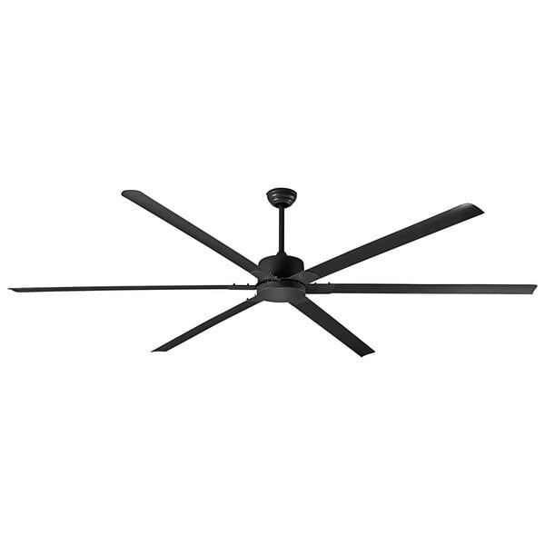A black Canarm industrial ceiling fan with four blades.