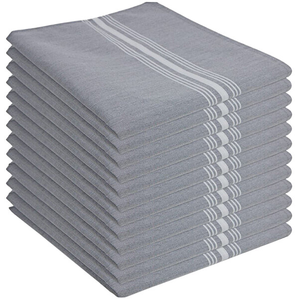 A stack of folded gray Monarch Brands Mariposa bistro striped cloth napkins.