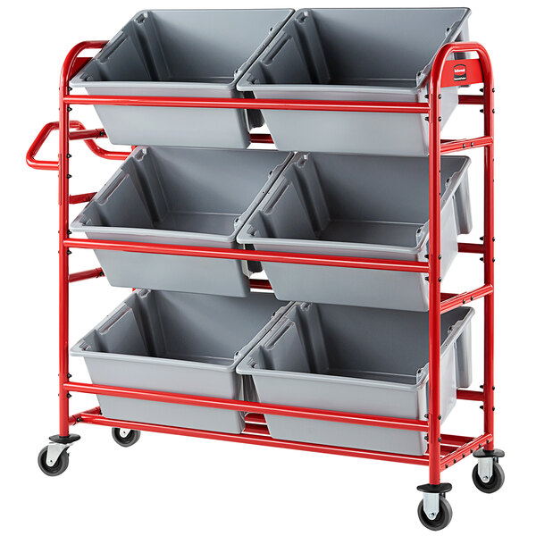 A red Rubbermaid picking cart with grey bins on it, including a grey bin with red handles.