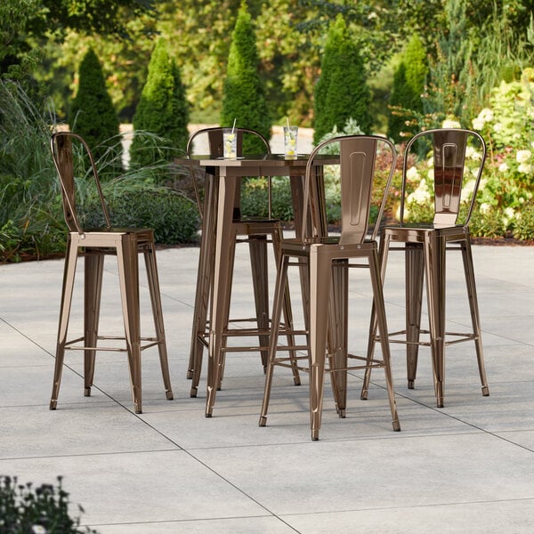 Lancaster Table & Seating Alloy Series 30" Round Copper Bar Height Outdoor Table with 4 Cafe Barstools