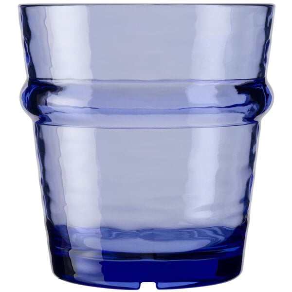 A Libbey Tidal Blue Tritan plastic rocks glass with a rim.