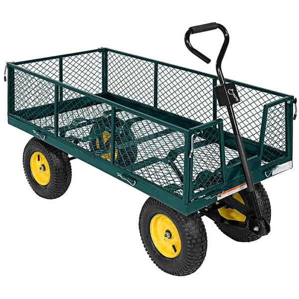 A green Vestil steel landscape cart with yellow wheels.