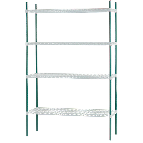 A white and green Advance Tabco mobile shelving unit with four shelves.
