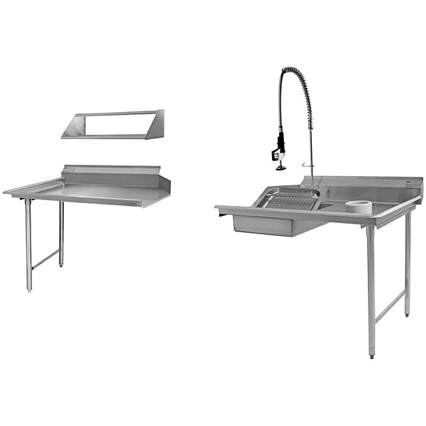 A stainless steel dishtable with a sink and faucet on the right.