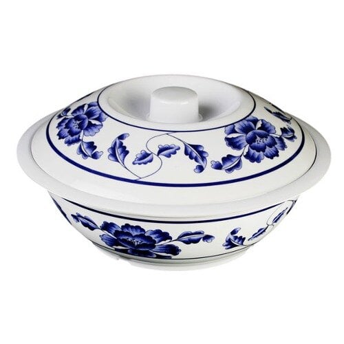 A white melamine bowl with a blue lotus design and lid.
