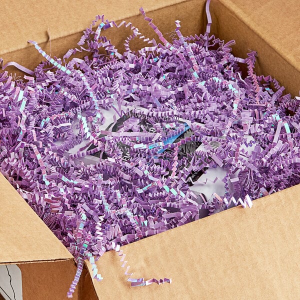 A box filled with purple Spring-Fill Orchid Radiance Crinkle Cut paper.