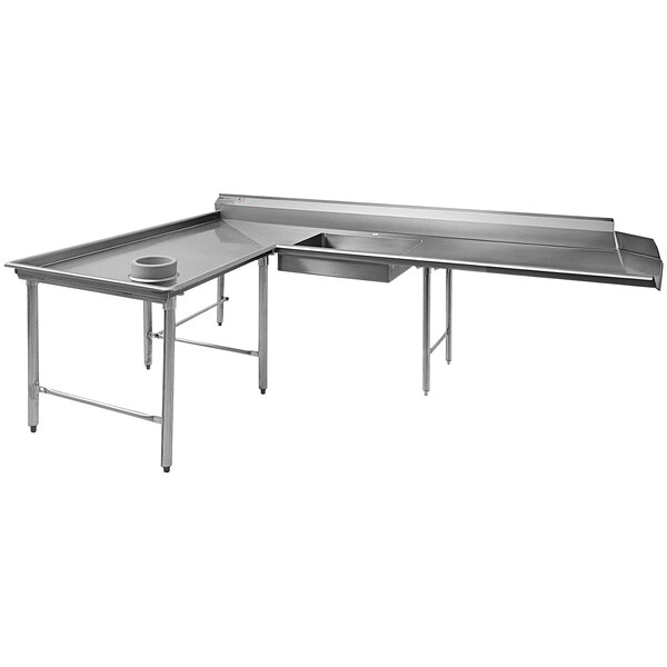 A stainless steel Eagle Group L-shape dishtable with a counter and a drain.