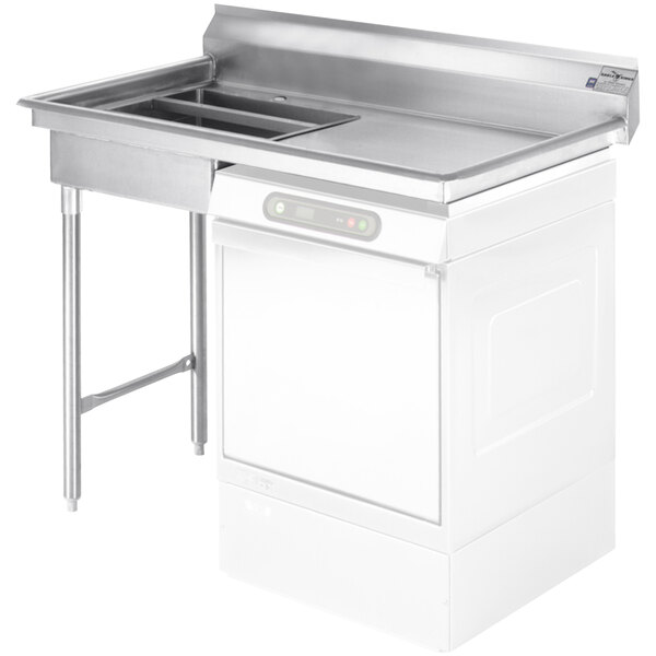 A white rectangular Eagle Group stainless steel dishtable with a square top.