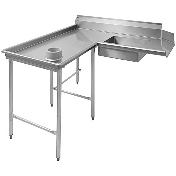 A stainless steel L-shape dishtable with a left dishlanding soil and a sink.