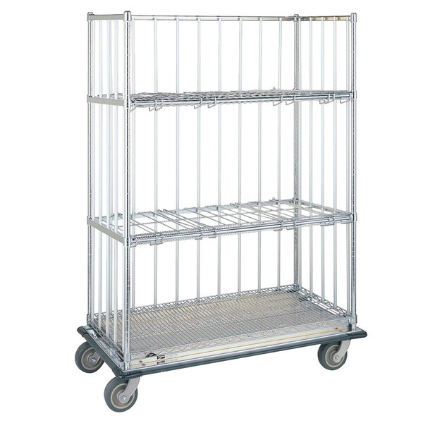 A Metro chrome plated linen cart with wheels.