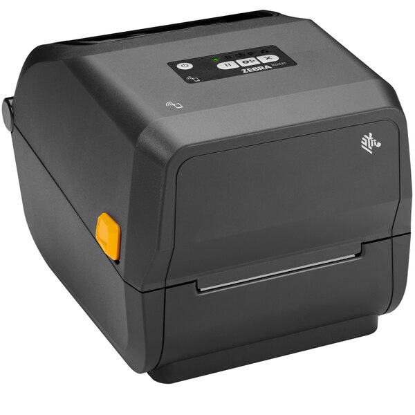 A black Zebra ZD421 thermal transfer printer with buttons and a yellow button.