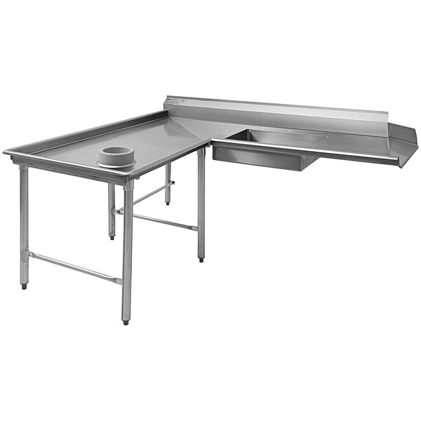 A stainless steel Eagle Group L-shape dishtable with a drain.