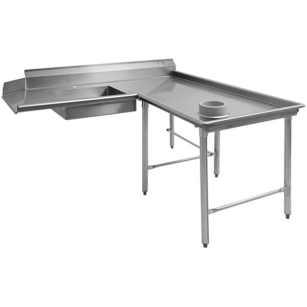 An Eagle Group stainless steel L-shape dishtable with a right dishlanding soil counter.