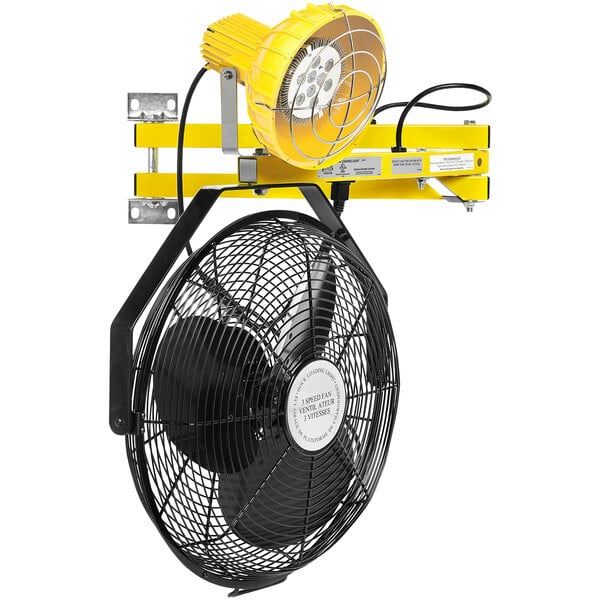 An Ideal Warehouse yellow and black fan with a yellow light.