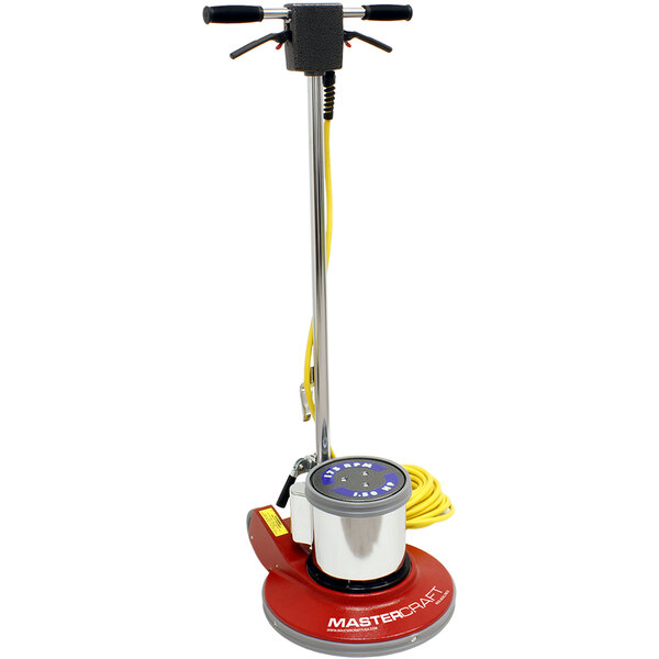 A Mastercraft mastic removal floor machine with a yellow handle and red wheels.