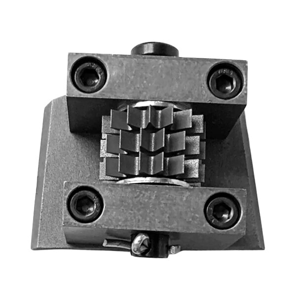 A metal Onfloor carbide scarifier head with a square shape and a small hole in it.
