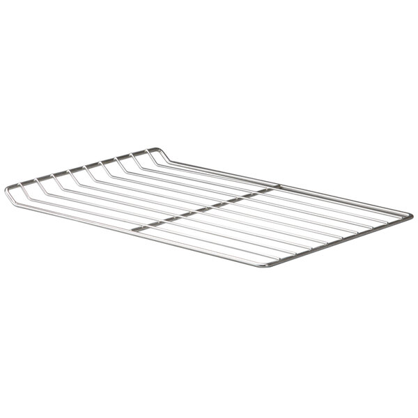 A stainless steel shelf for an Alto-Shaam Cook/Hold Display Case with wire handles.