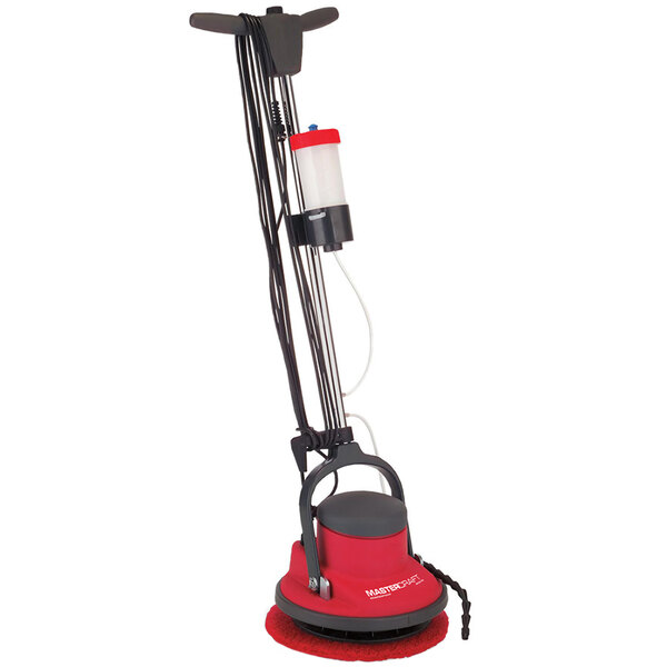A red and black Mastercraft Floormac orbital floor scrubber with a red handle.