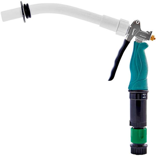 An Ideal Warehouse forklift battery water refilling gun with a black and white curved handle.