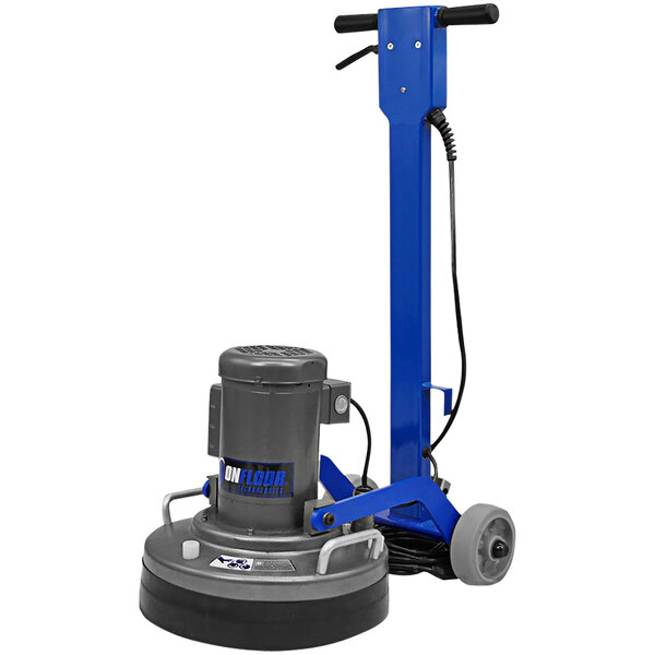 A blue and black Onfloor concrete floor grinder with wheels and a cylinder.
