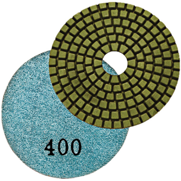 A blue and green Onfloor 3" 400 grit diamond pad.