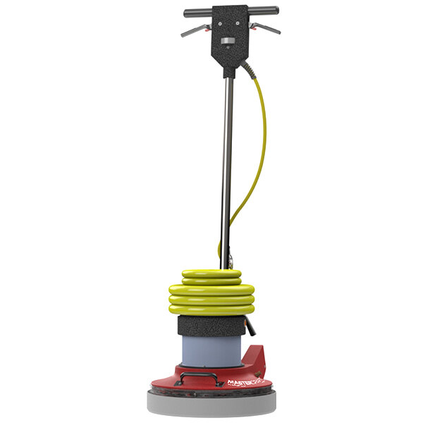 A white Mastercraft Quarrymaster rotary floor machine with a red handle and a yellow tube.