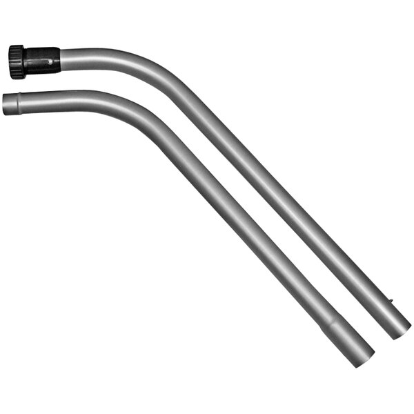 A white metal vacuum wand assembly with black handles and two curved pipes.