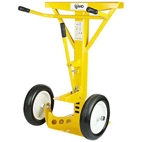 A yellow Ideal Warehouse AutoStand Plus trailer stand with black wheels and a handle.