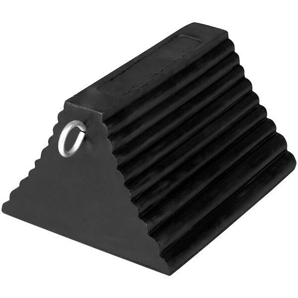 A black molded rubber pyramid chock with a silver eye hook.