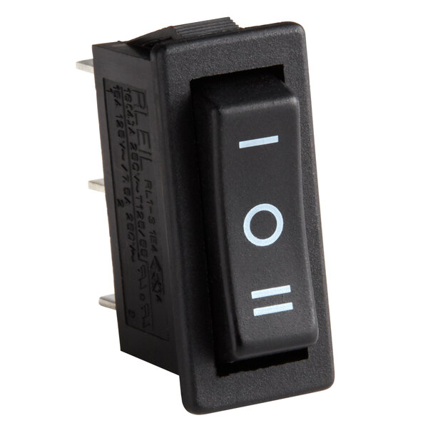 A black switch with white text and a white button.