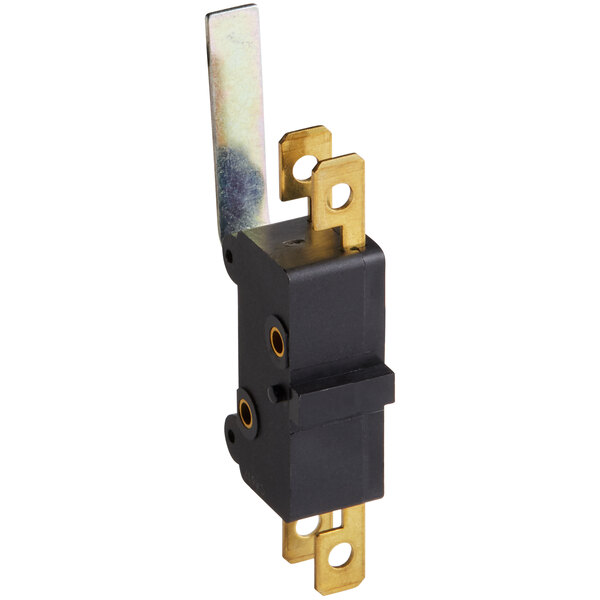 A black and gold microswitch with holes on a white background.