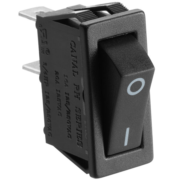 A black toggle switch with white text and one light.