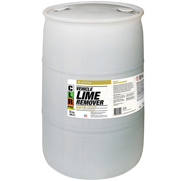 A white plastic drum of CLR PRO Vehicle Lime Remover with a white label.